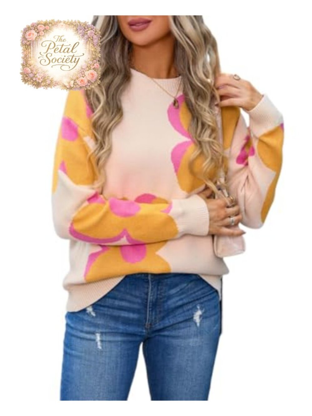 Womens Cute Color Block Flower Pattern Sweater Crewneck Pullover